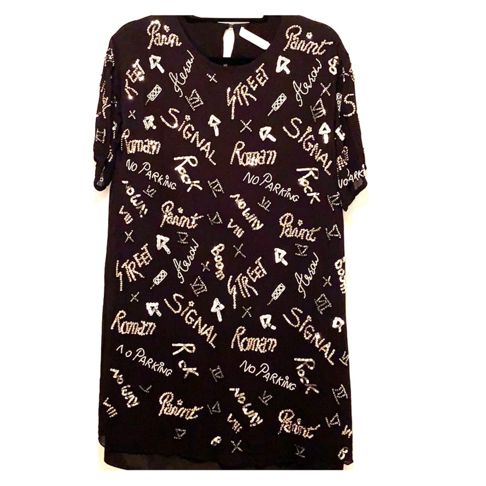 Sequined words black dress